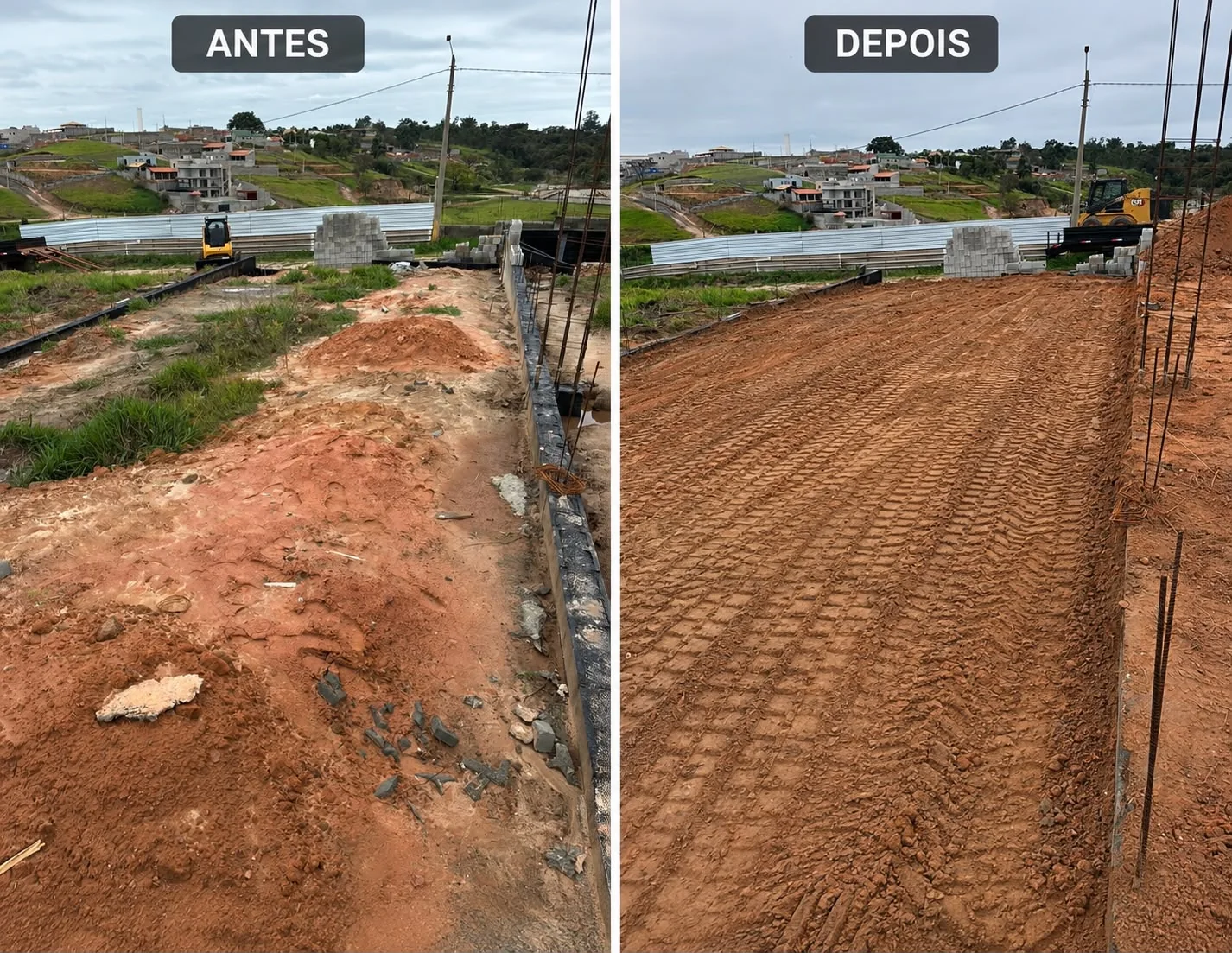 Comparação antes e depois de serviço de terraplanagem e nivelamento